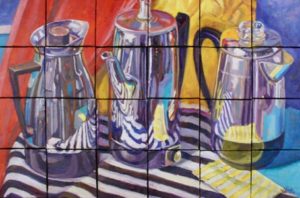 Grid Retro Coffee Pots, oil on mini 4X4 canvas mounted to wood support, 25X17,